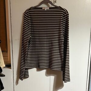 LOFT brown and white striped pullover. Boat neck. Bell sleeves. Form fitting.